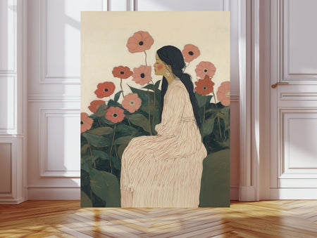 Fine art giclée print of a dark-haired woman seated in profile among large coral and blush poppies with deep green foliage, Japanese woodblock illustration style, warm cream background.