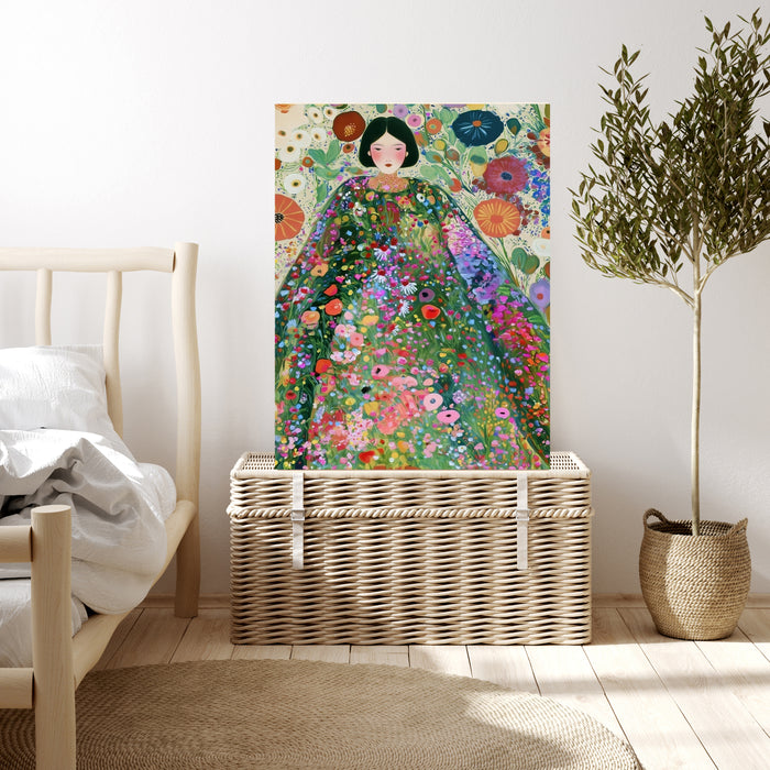 Klimt Inspired Woman in Wildflower Garden Print | Colourful Botanical Portrait | Maximalist Floral Wall Art | Giclée Fine Art