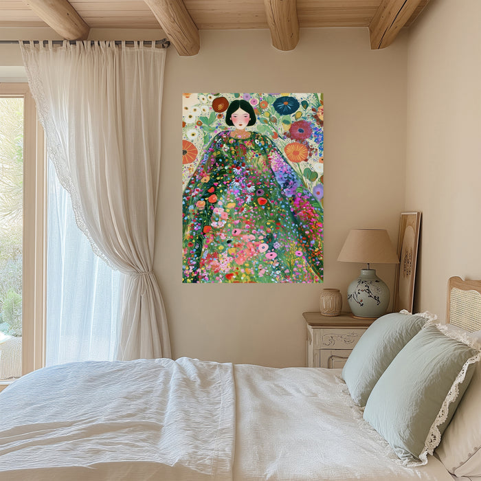 Klimt Inspired Woman in Wildflower Garden Print | Colourful Botanical Portrait | Maximalist Floral Wall Art | Giclée Fine Art