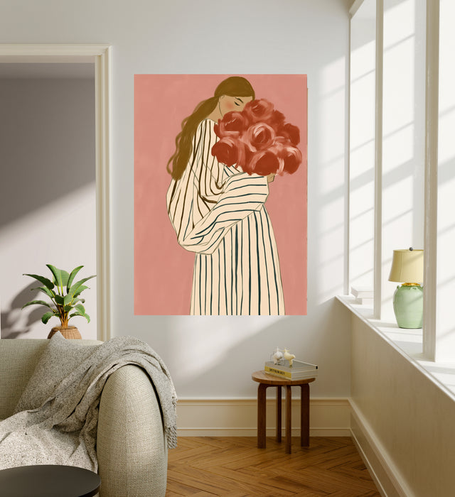 Woman with Roses Print | Pink Floral Portrait Illustration | Striped Robe Botanical Wall Art | Giclée Fine Art
