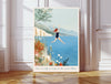 Wild swimming art print of a woman jumping into a blue lake with wildflowers and mountains, with the quote fear is only as deep as the mind allows