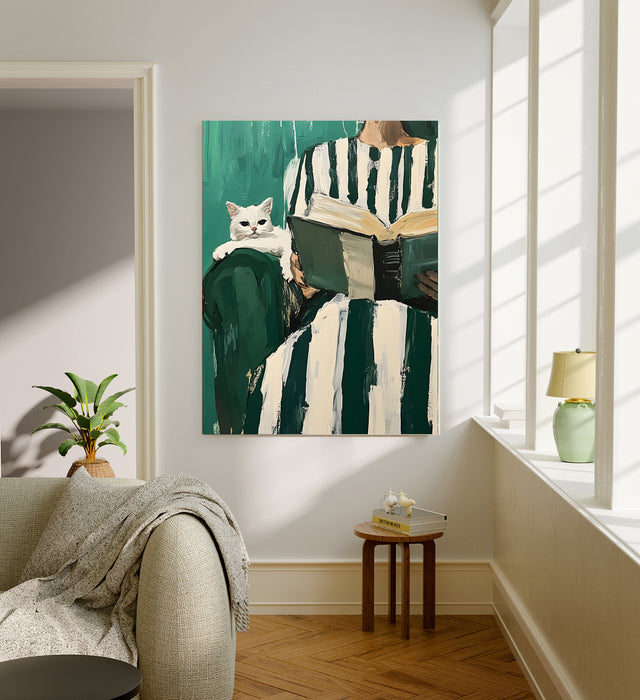 Female Book Cat Reading Painting Art Print