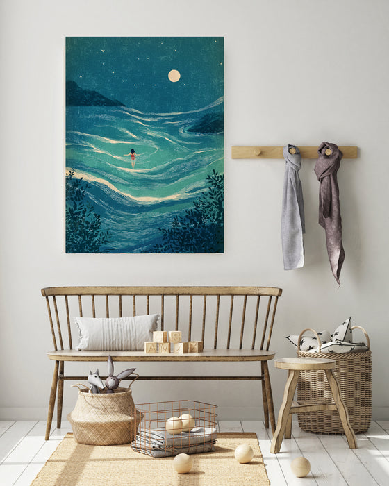 Moonlight Swim Sea Landscape Art Print