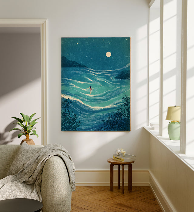 Moonlight Swim Sea Landscape Art Print