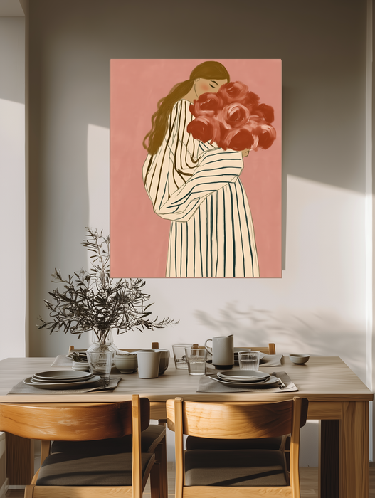 Woman with Roses Print | Pink Floral Portrait Illustration | Striped Robe Botanical Wall Art | Giclée Fine Art