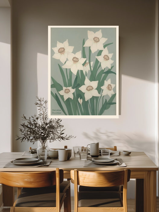 Narcissus botanical birth flower print above a wooden dining table with olive branches and stoneware