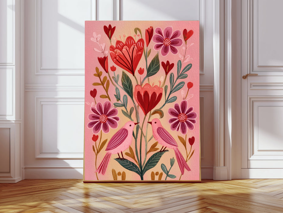 Pink Heart Flower Folk Style Art Print