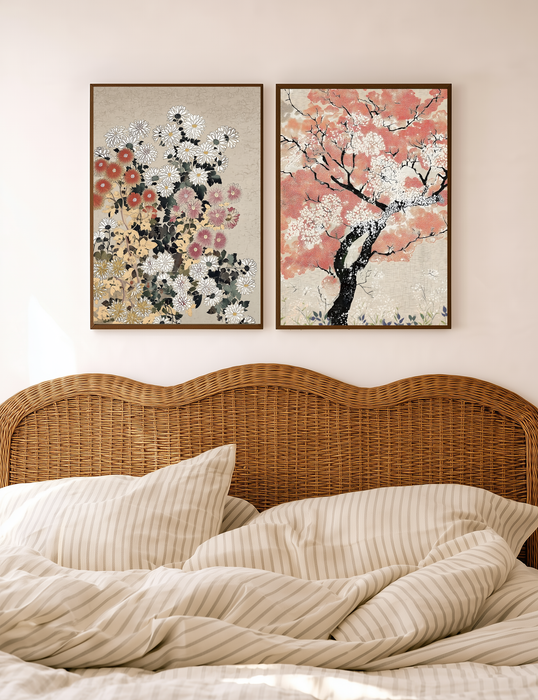 Japanese Chrysanthemum and Cherry Blossom Set of Two Art Prints | Vintage Pink Floral Gallery Wall Set | Japandi Botanical Wall Art