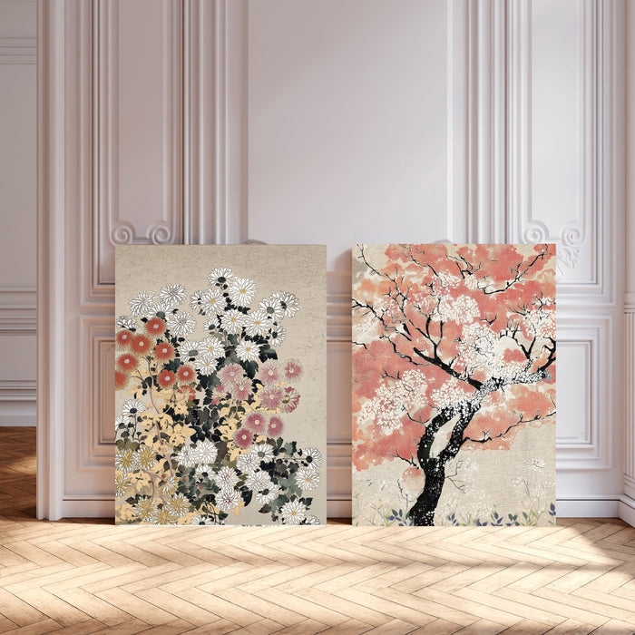 Japanese Chrysanthemum and Cherry Blossom Set of Two Art Prints | Vintage Pink Floral Gallery Wall Set | Japandi Botanical Wall Art