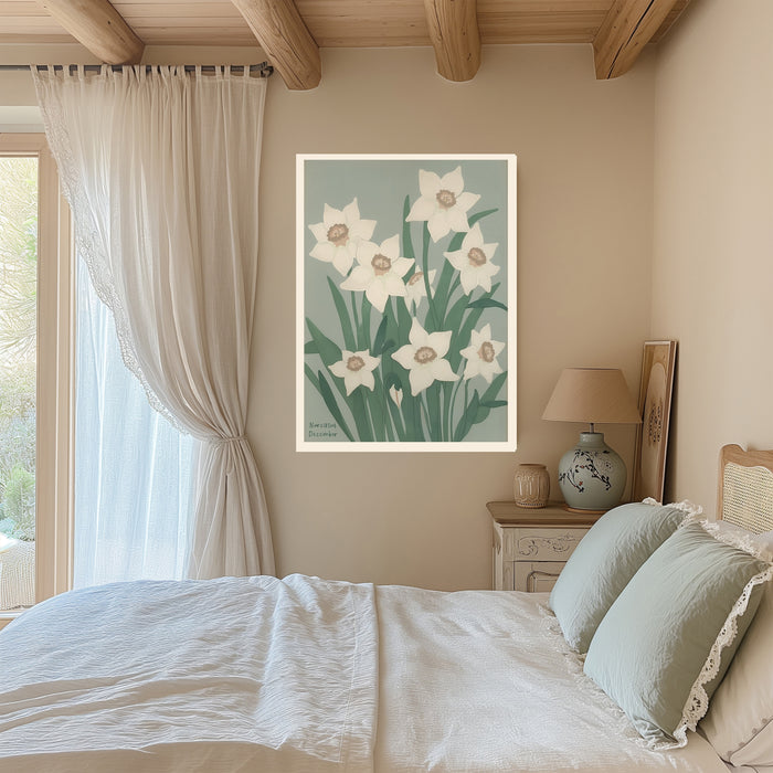 White narcissus birth month flower print on a beamed bedroom wall with linen curtains and sage green bedding
