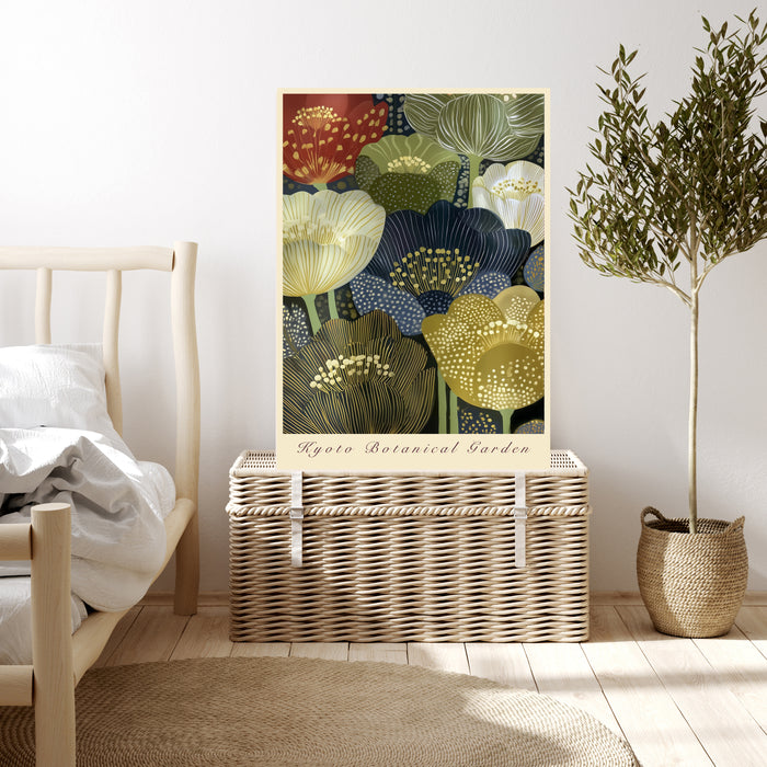 Kyoto Botanical Garden floral poster resting on a wicker chest beside a bed and olive tree in a neutral bedroom