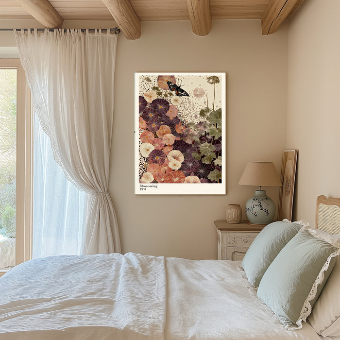 Japanese Flower Butterfly Landscape Art Print