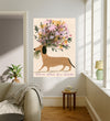 Pastel sausage dog art print styled in a bright living room, gift for dog lovers