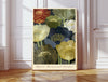 Kyoto Botanical Garden art print in a gold frame, vintage Japanese floral exhibition poster with navy, olive and gold blooms