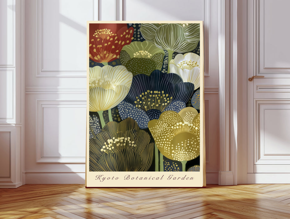 Kyoto Botanical Garden art print in a gold frame, vintage Japanese floral exhibition poster with navy, olive and gold blooms