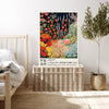 Japanese wildflower meadow art print with the proverb Small things given time become forests, red and yellow poppies on a dark background, leaning on a wicker chest
