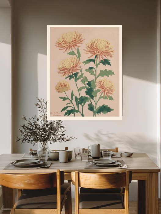Chrysanthemum botanical birth flower print above a wooden dining table with olive branches and stoneware