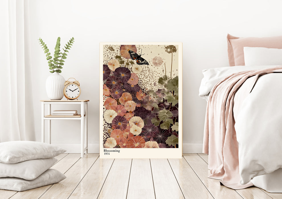 Japanese Flower Butterfly Landscape Art Print