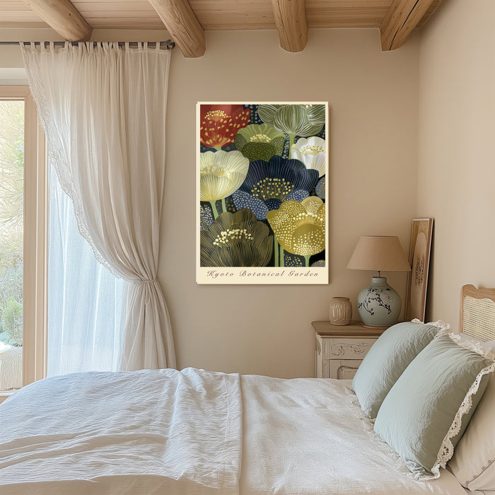 Kyoto floral art print on a beamed bedroom wall with linen curtains and sage green bedding