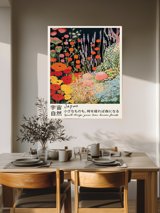 Small things given time become forests wildflower art print above a wooden dining table with olive branches and stoneware