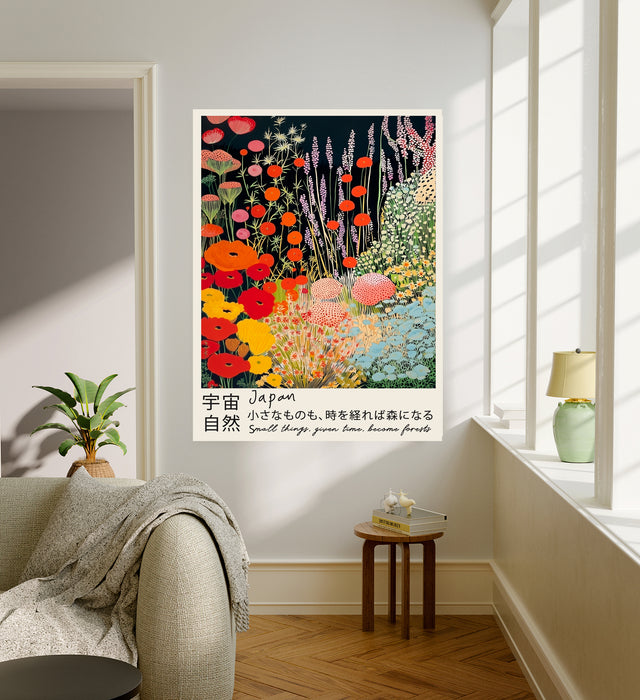 Japanese exhibition poster of a wildflower meadow hanging in a sunlit living room above a linen sofa with side table