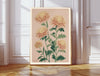 Chrysanthemum November birth flower print hanging in a sunlit living room above a linen armchair with side table and plant