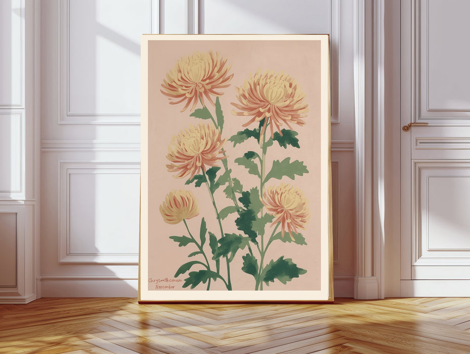 Chrysanthemum November birth flower print hanging in a sunlit living room above a linen armchair with side table and plant