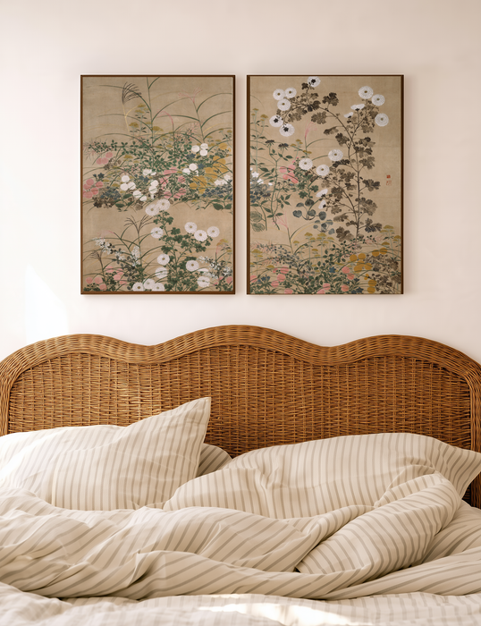 Ogata Korin Autumn Flowers Print Set of Two | Japanese Rinpa Botanical Wall Art | Chrysanthemum Gold Wall Art