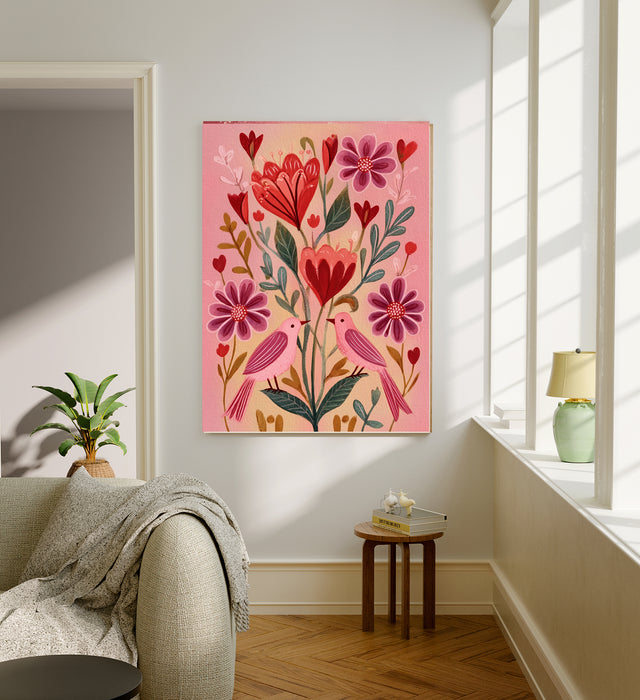 Pink Heart Flower Folk Style Art Print