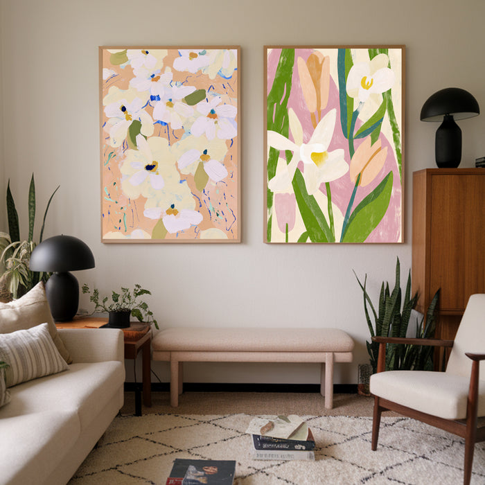 Botanical Flowers Pink Set Of Two Art Prints