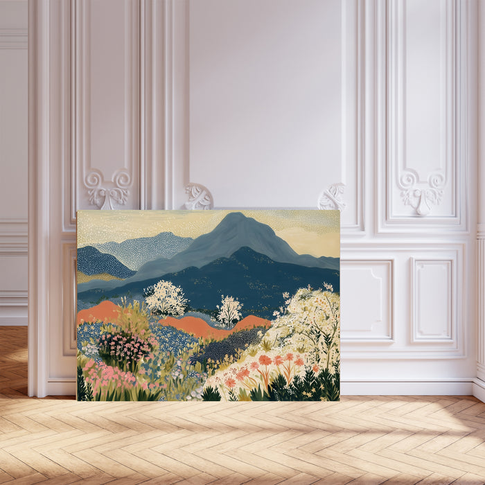 Large mountain wildflower canvas leaning against a white panelled wall on a herringbone wood floor