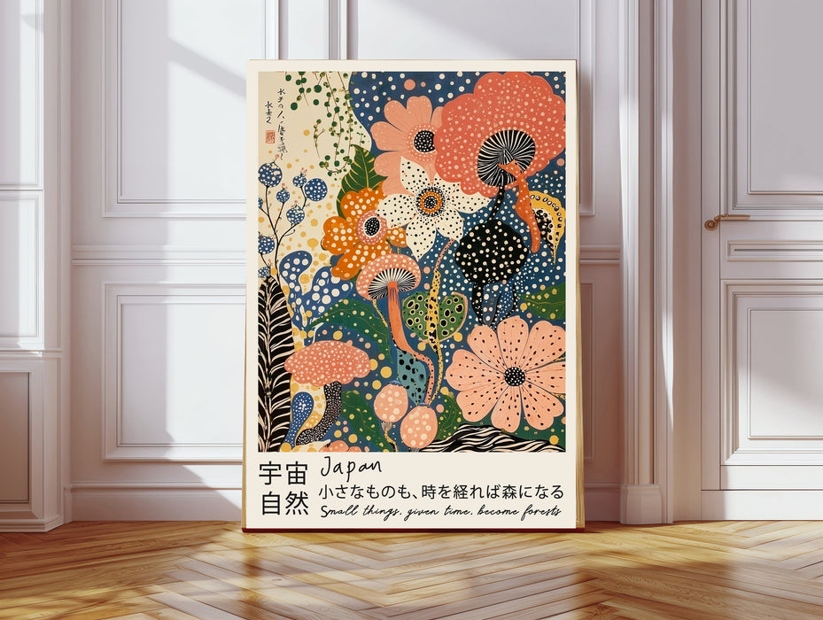 Japanese polka dot flower art print in a gold frame with the proverb Small things given time become forests, peach and indigo blooms and mushrooms