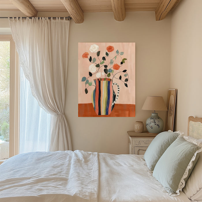 Colourful floral still life art print on a beamed bedroom wall with linen curtains and sage green bedding
