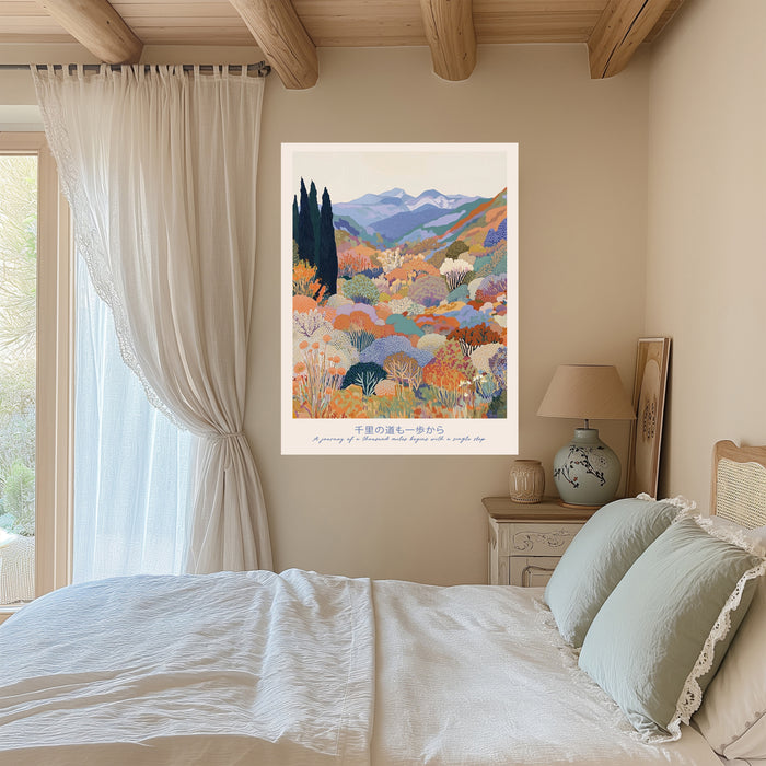 Japanese proverb art print on a beamed bedroom wall with linen curtains and sage green bedding