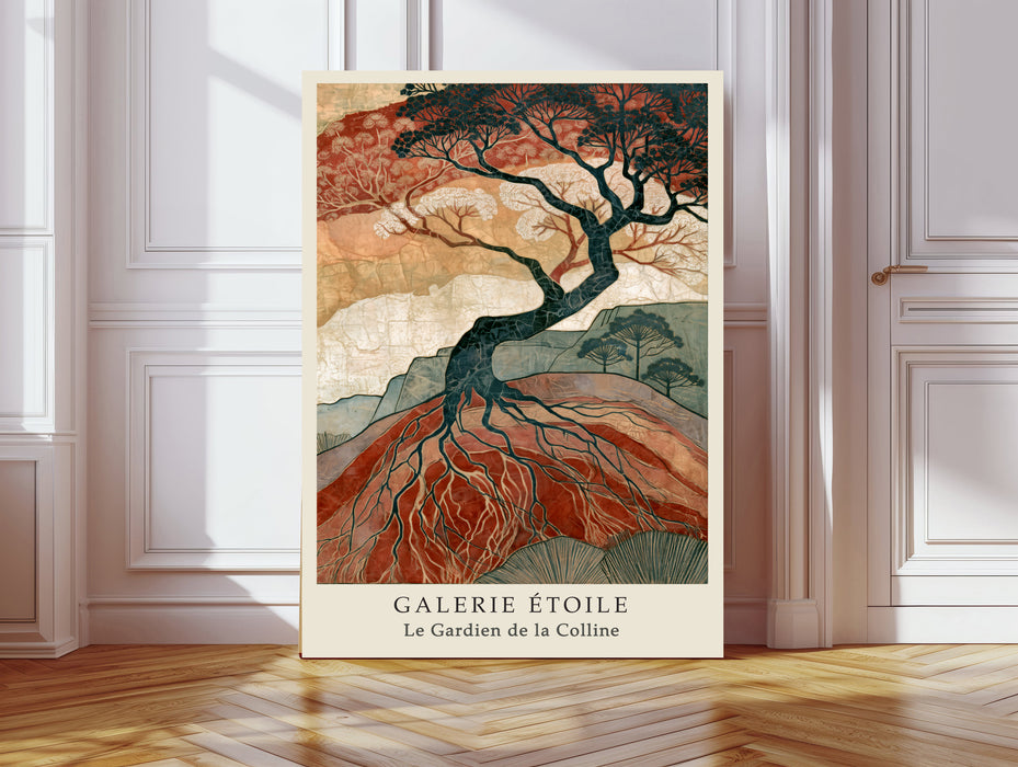 Le Gardien de la Colline Galerie Étoile print, ancient tree with deep roots on a red earth hillside, leaning against a panelled wall