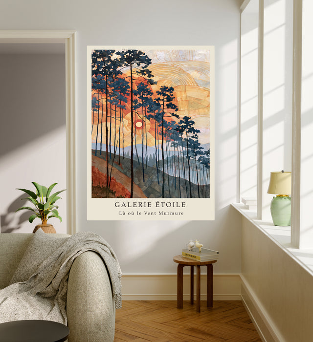 Les Pins Dorés Golden Pines Sunset Print | Art Nouveau Forest Landscape Wall Art | Orange & Navy Giclée Fine Art