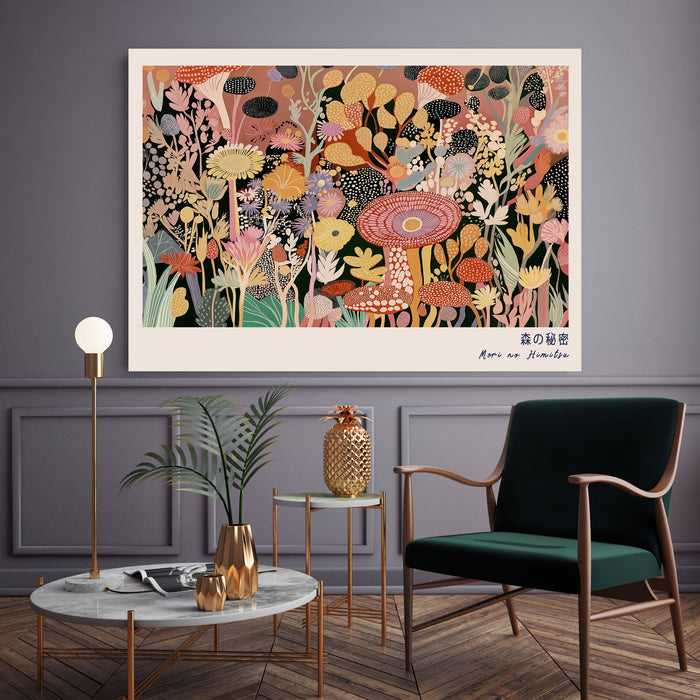 Secret of the Forest 森の秘密 | Japanese Mushroom & Wildflower Print | Pink Maximalist Botanical Wall Art | Giclée Fine Art
