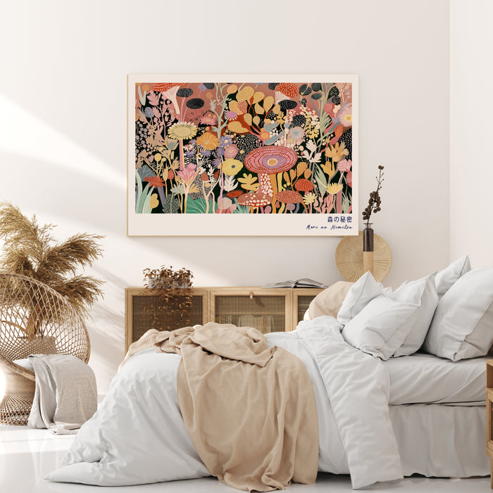 Secret of the Forest 森の秘密 | Japanese Mushroom & Wildflower Print | Pink Maximalist Botanical Wall Art | Giclée Fine Art