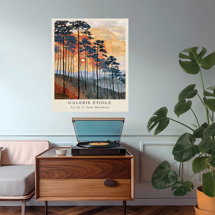 Les Pins Dorés Golden Pines Sunset Print | Art Nouveau Forest Landscape Wall Art | Orange & Navy Giclée Fine Art