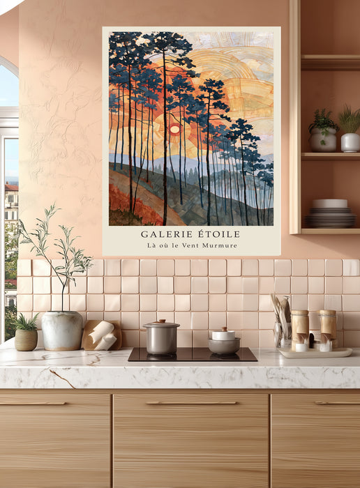 Les Pins Dorés Golden Pines Sunset Print | Art Nouveau Forest Landscape Wall Art | Orange & Navy Giclée Fine Art