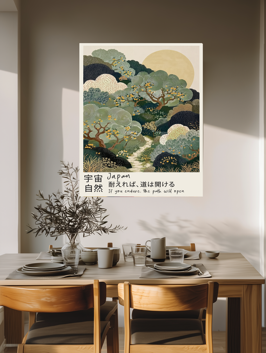 If you endure the path will open Japanese art print above a wooden dining table with olive branches and stoneware
