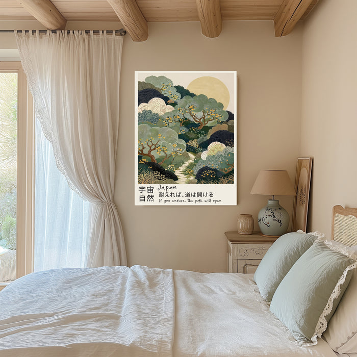 Japanese proverb garden path art print on a beamed bedroom wall with linen curtains and sage green bedding
