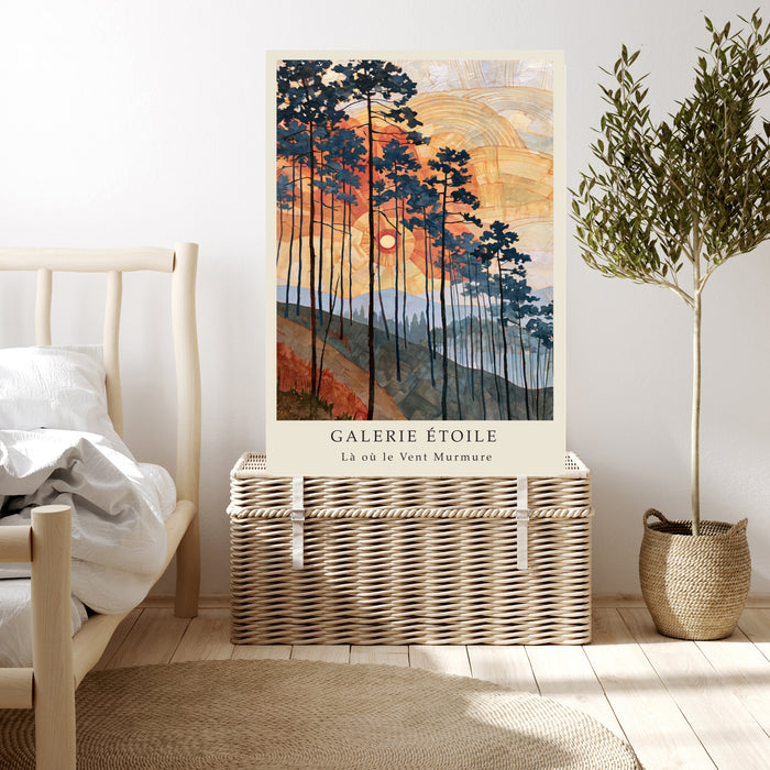 Les Pins Dorés Golden Pines Sunset Print | Art Nouveau Forest Landscape Wall Art | Orange & Navy Giclée Fine Art