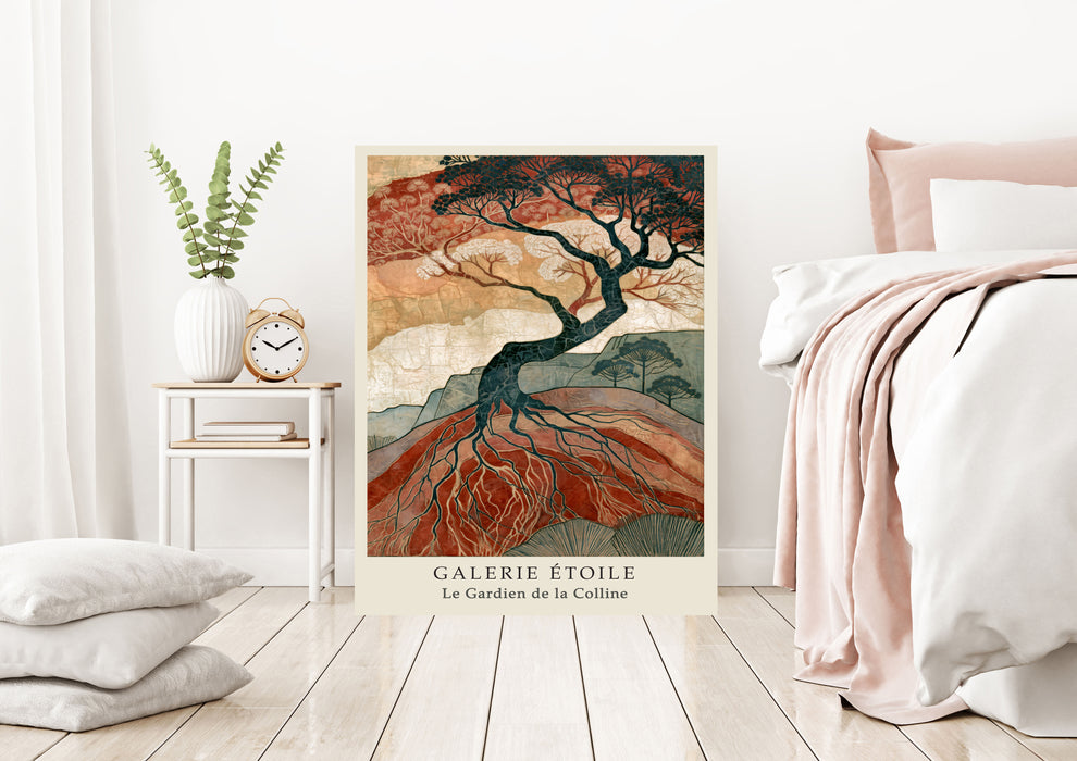 Earthy tree of life giclée print styled in a living room