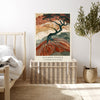 Red earth hillside landscape print with parasol pines in a Japandi interior