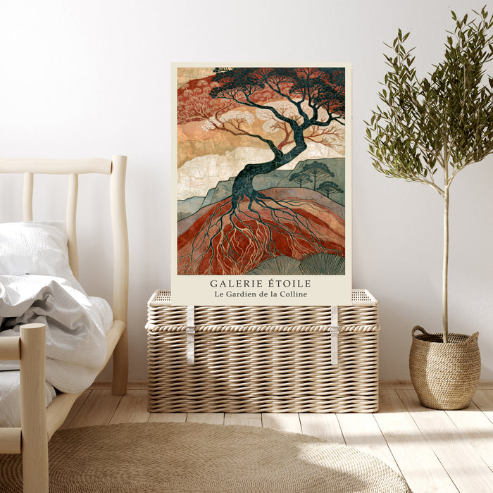 Red earth hillside landscape print with parasol pines in a Japandi interior