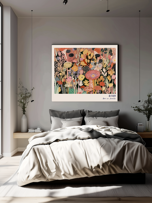 Secret of the Forest 森の秘密 | Japanese Mushroom & Wildflower Print | Pink Maximalist Botanical Wall Art | Giclée Fine Art