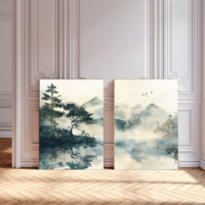 Japanese Light Green Japandi Lake Set Of Two Art Prints