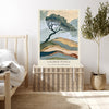 Sage, blue and sand landscape print with leaning tree in a calm bedroom