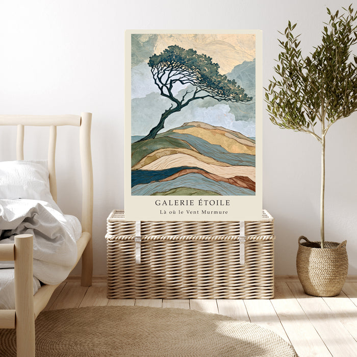 Sage, blue and sand landscape print with leaning tree in a calm bedroom